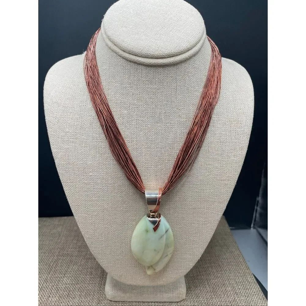 Artisan Green Stone Leaf Pendant Necklace on Copper Multi-Strand Chain